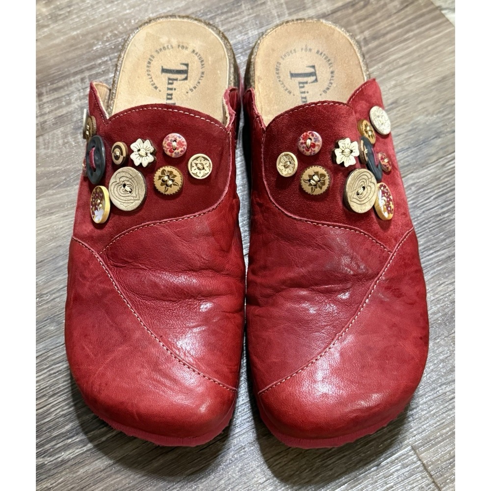 Think! Brand Clog, Red Leather With Buttons, Cork Footbed, Size US Sz 10 Euro 41